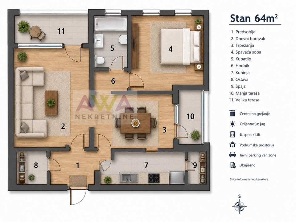 Sombor – Komforan dvosoban stan 64m², lift, dve terase