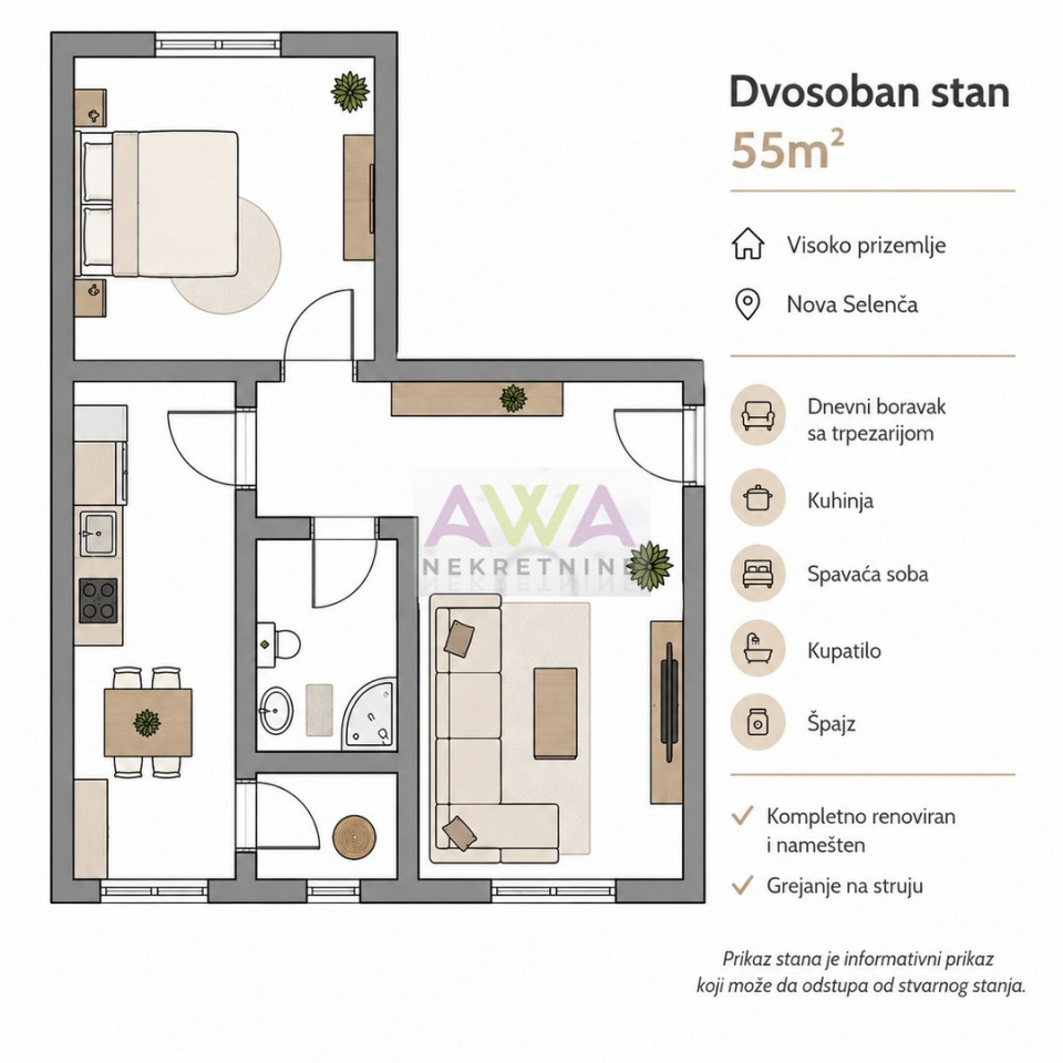 Sombor – Nova Selenča. Kompletno renoviran i namešten dvosoban stan 55m², visoko prizemlje